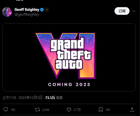 TGA官方和創始人慶祝《GTA6》公布預告片