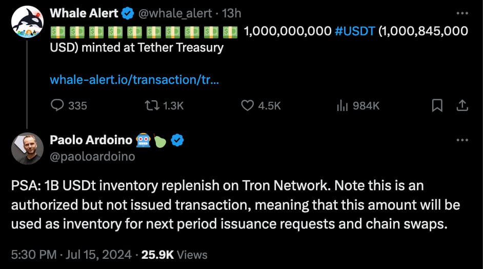 Tether mints $1 billion of unbacked USDT on Tron