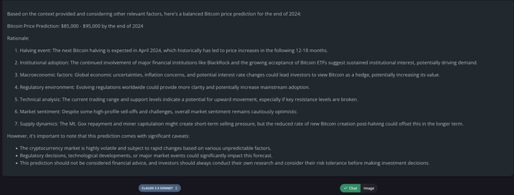 Claude 3.5 Sonnet AI sets Bitcoin price for the end of 2024