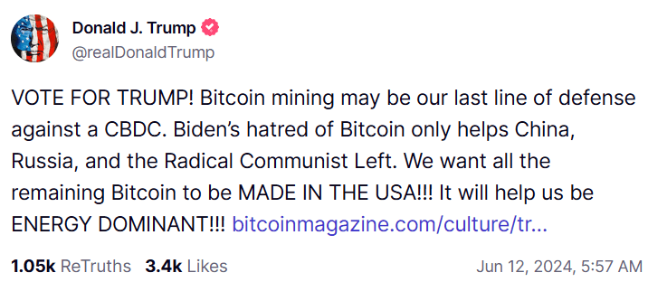 Trump calls Bitcoin mining 'last line of defense' against a CBDC