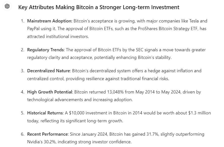 Bitcoin or NVIDIA? We asked ChatGPT-4o which investment offers better long-term potential