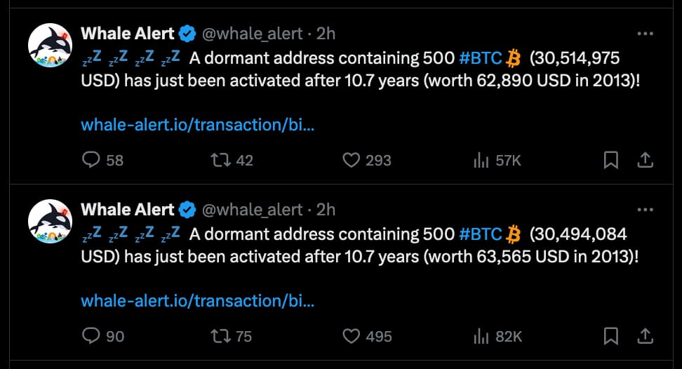 Whale alert: 10-year inactive Bitcoin wallets move 1,000 BTC