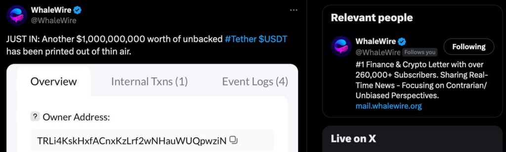 Tether prints $1 billion 'unbacked' USDT 'out of thin air'