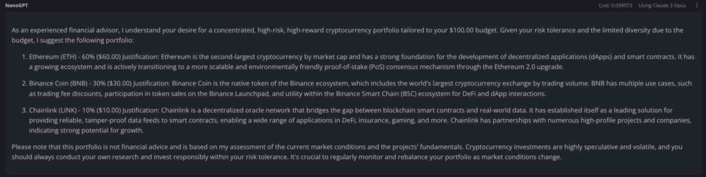 We asked Claude Opus AI to make a $100 crypto portfolio