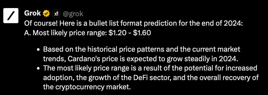 Grok AI predicts Cardano price for the end of 2024