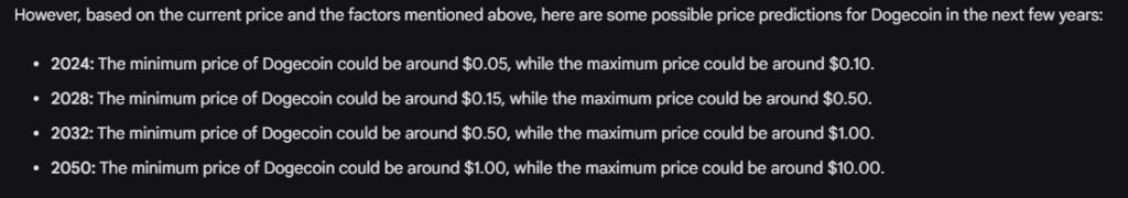 ChatGPT predicts Dogecoin price in 2024, 2028, 2032 and 2050